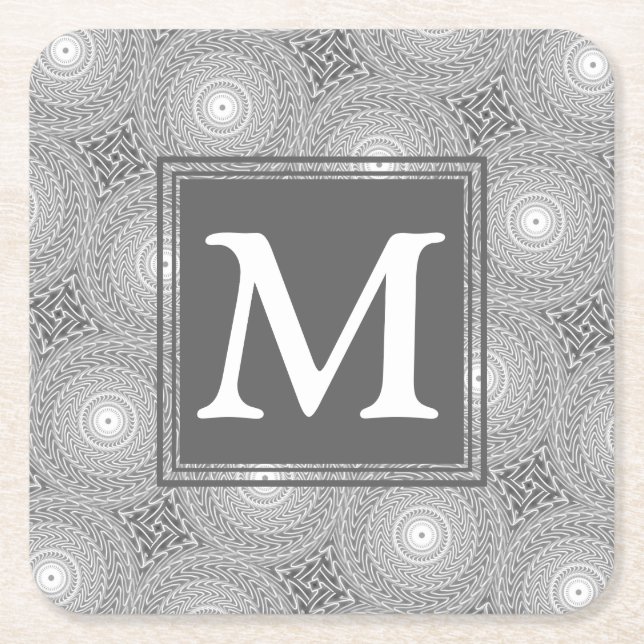 Monogram gray circles pattern square paper coaster (Front)