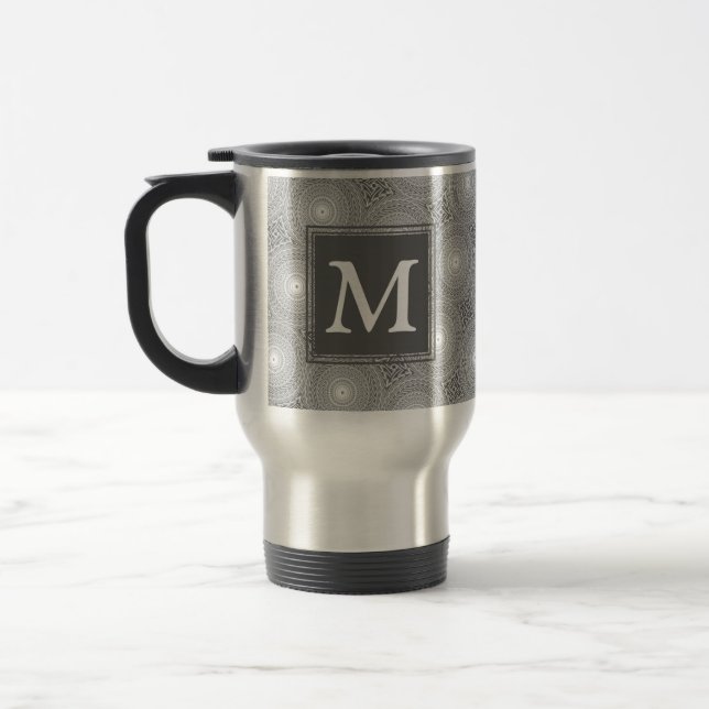 Monogram gray circles pattern travel mug (Left)
