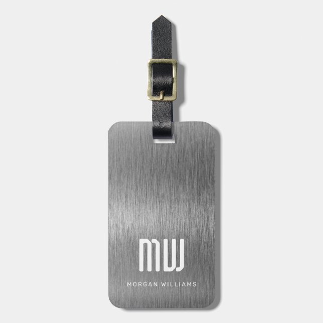 Monogram Gray Faux Metal Steel Foil Luggage Tag (Front Vertical)
