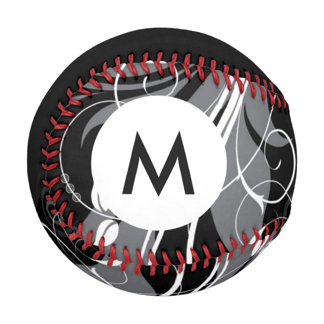 Monogram Gray Floral Pattern on Black Baseball (Front Left)