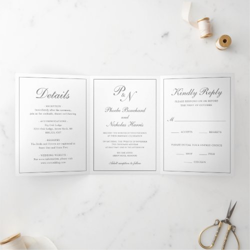 Monogram Gray Formal Photo Traditional Wedding Tri_Fold Invitation