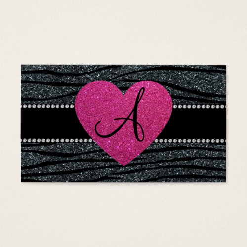 Monogram Gray glitter zebra stripes pink heart Business Card Template