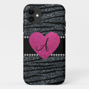 Monogram Gray glitter zebra stripes pink heart iPhone 11 Case