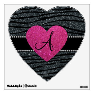 Monogram Gray glitter zebra stripes pink heart Wall Sticker