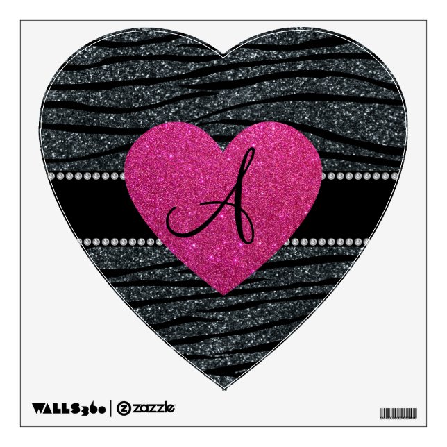 Monogram Gray glitter zebra stripes pink heart Wall Sticker (Front)