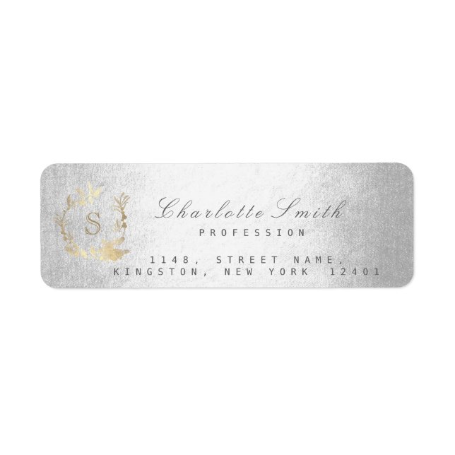 Monogram Gray Gold Floral Wreath Silver  RSVP Label (Front)
