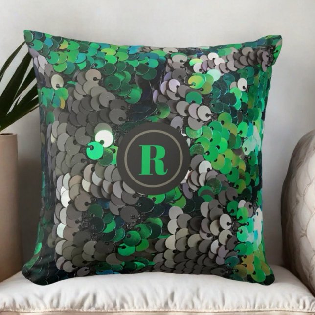 Monogram gray green sequins shiny glam elegant  throw pillow (Creator Uploaded)
