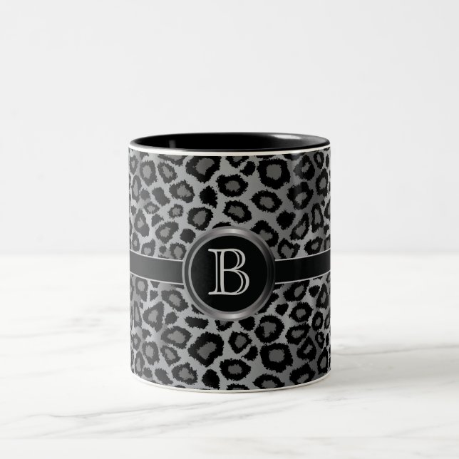 Monogram Gray Leopard Animal Print Two-Tone Coffee Mug (Center)