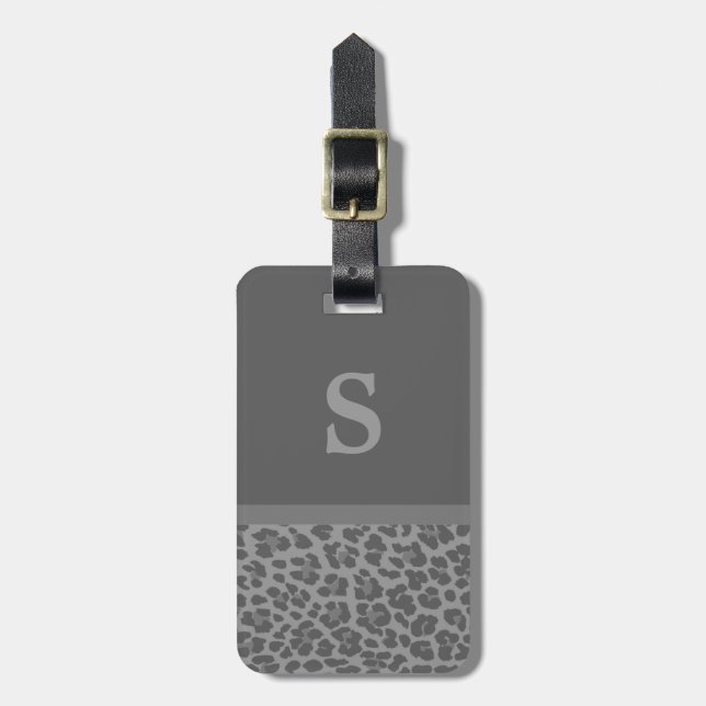Monogram Gray Leopard Print Luggage Tag (Front Vertical)
