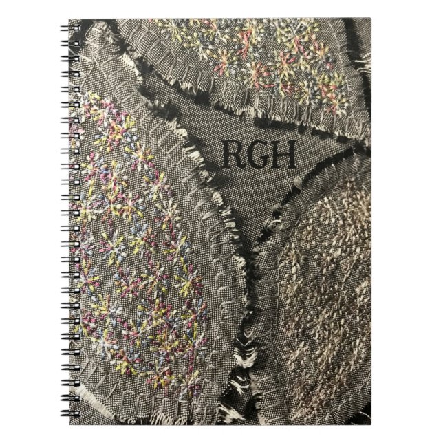 Monogram gray linen look floral grunge girly  notebook (Front)