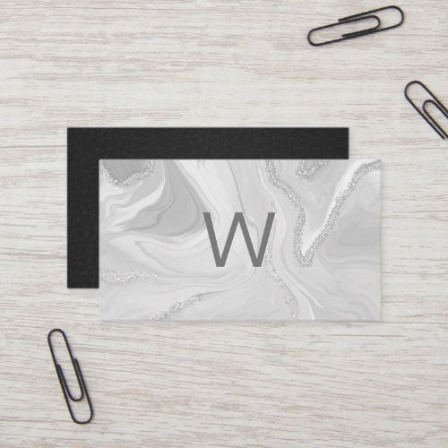 Monogram  Gray Marble  Leather Business Card