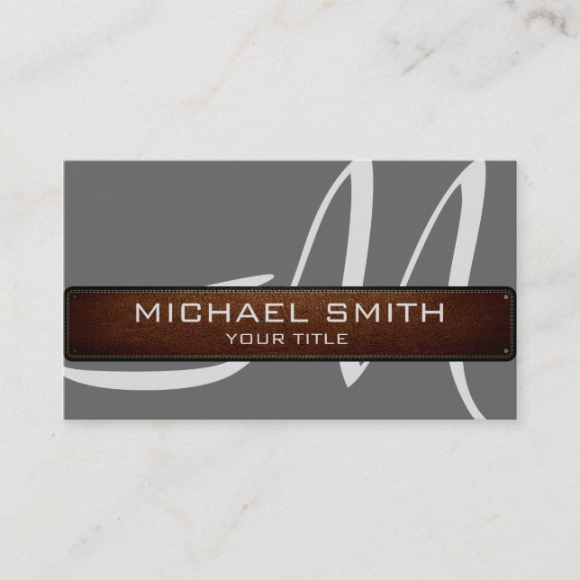 Monogram Gray Modern Leather Look Business Card (Front)