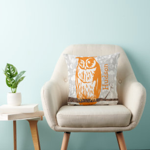 Monogram Gray & Orange Coral Baby Boy Vintage Owl Throw Pillow