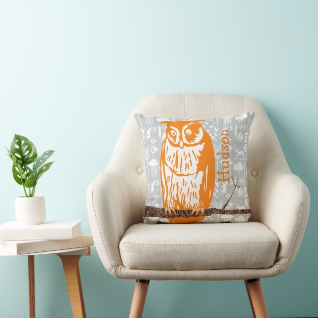 Monogram Gray & Orange Coral Baby Boy Vintage Owl Throw Pillow (Chair)