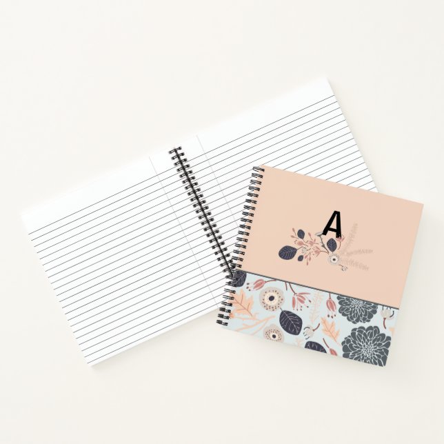Monogram Gray Peach Floral Pattern Initial Notebook (Inside)