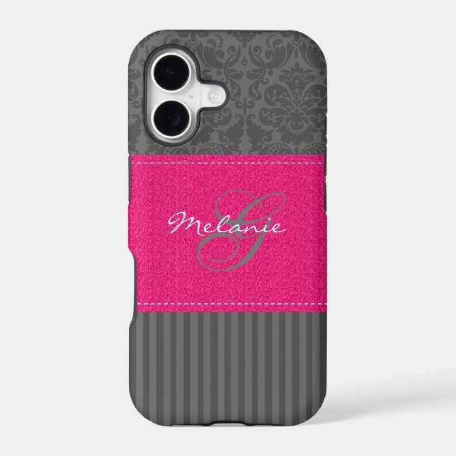Monogram Gray Pink Damask Stripe iPhone 5 Case (Back)