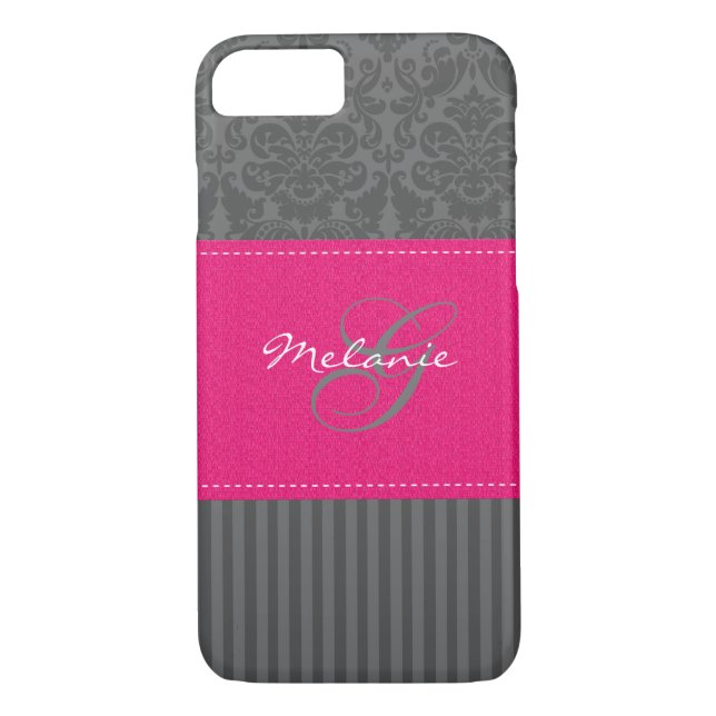 Monogram Gray Pink Damask Stripe iPhone 7 Case (Back)