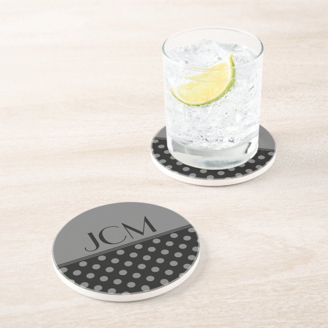 Monogram Gray Polka Dots on Black  Sandstone Coaster (Side)