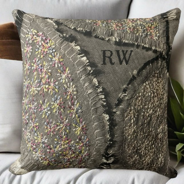 Monogram gray printed linen look floral grunge  throw pillow (Creator Uploaded)