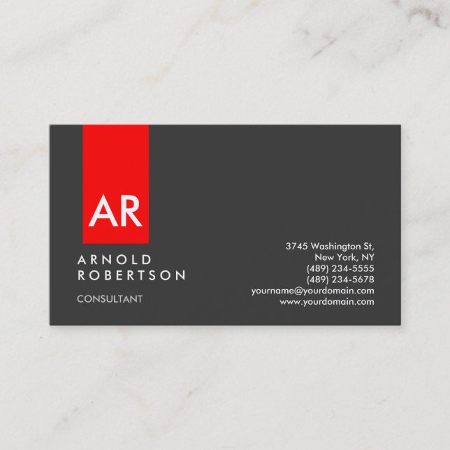 Monogram Gray Red Modern Consultant Business Card (Front)