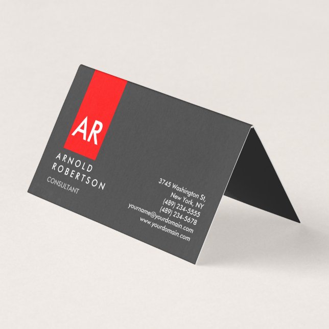 Monogram Gray Red Modern Consultant Business Card (Front)