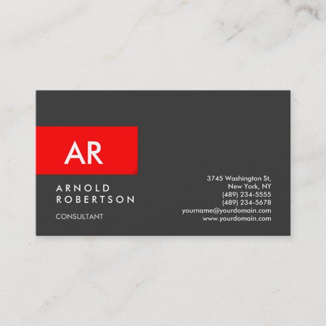 Monogram Gray Red Modern Stylish Business Card (Front)