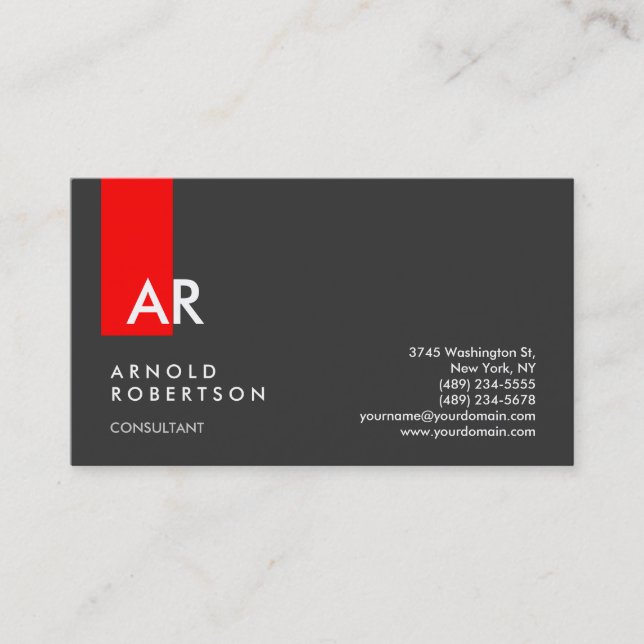 Monogram Gray Red Stripe Consultant Business Card (Front)