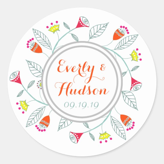 Monogram Gray Red Teal Yellow Pink Modern Garland Classic Round Sticker (Front)