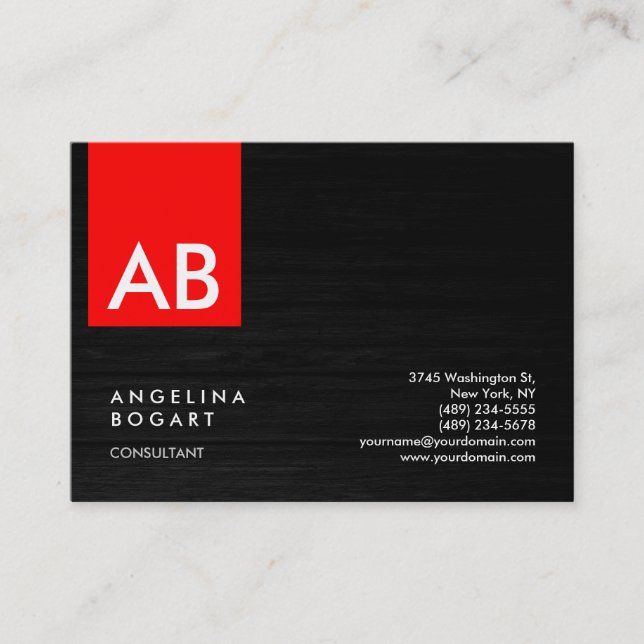 Monogram Gray Red Wood Modern Consultant Business Card (Front)