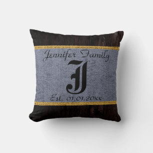 Monogram Gray Rustic Burlap Linen Wood Look Throw Pillow