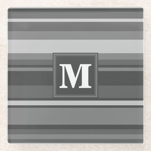 Monogram gray stripes glass coaster (Front)