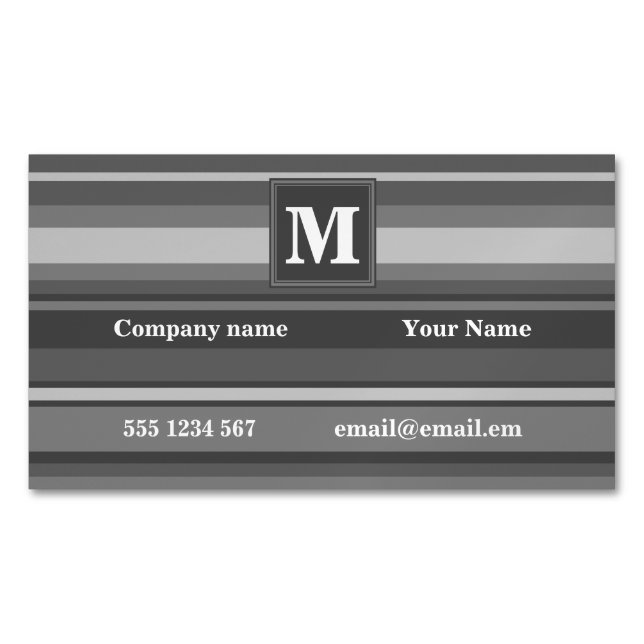 Monogram gray stripes magnetic business card (Front)