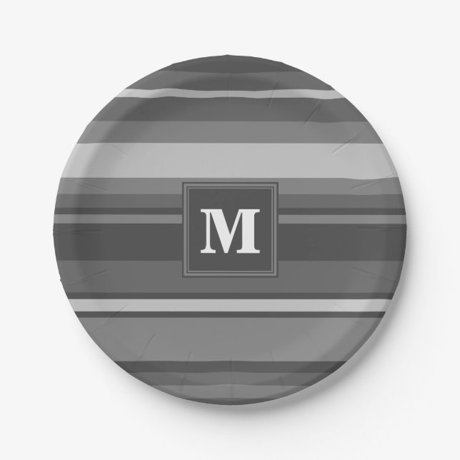 Monogram gray stripes paper plates (Front)