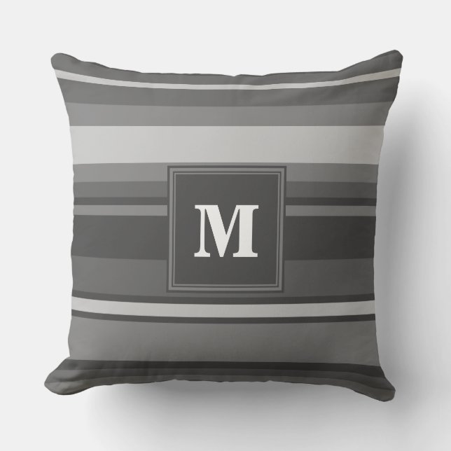 Monogram gray stripes throw pillow (Front)