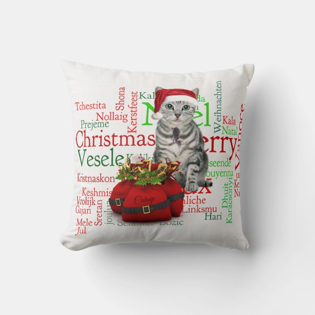 Monogram Gray Tabby Christmas Cat Throw Pillow (Front)