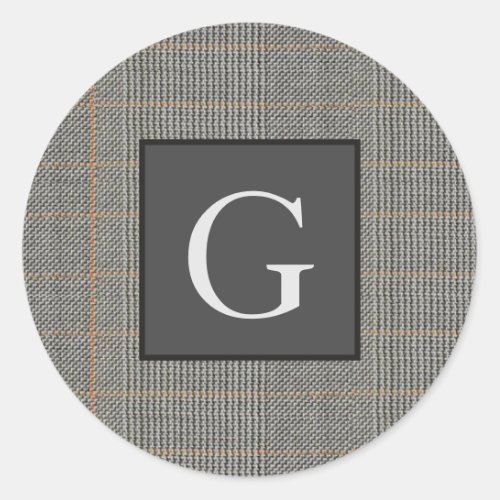 Monogram Gray Tweed Groomsman Bestman Wedding Gift Classic Round Sticker