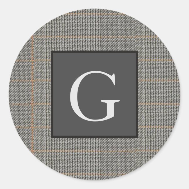 Monogram Gray Tweed Groomsman Bestman Wedding Gift Classic Round Sticker (Front)