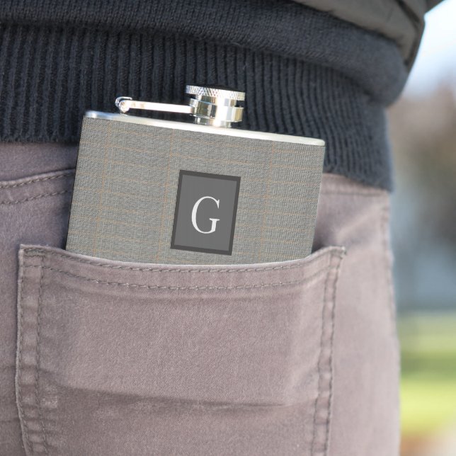 Monogram Gray Tweed Groomsman Bestman Wedding Gift Flask (In Situ)