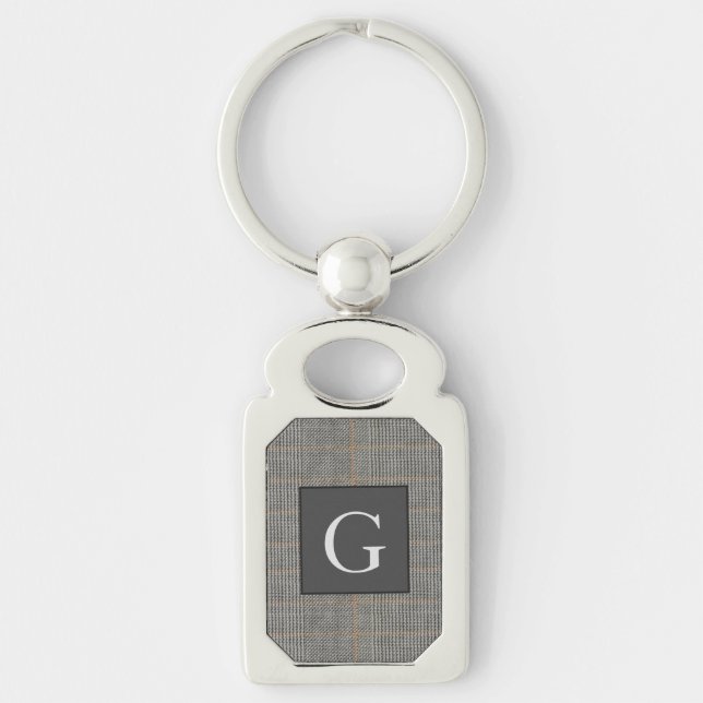 Monogram Gray Tweed Groomsman Bestman Wedding Gift Keychain (Front)