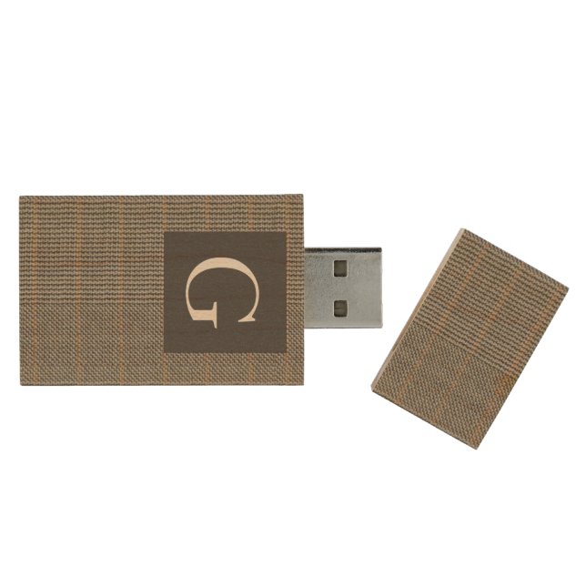 Monogram Gray Tweed Groomsman Bestman Wedding Gift Wood Flash Drive (Opened)