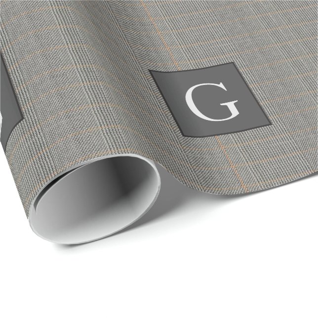 Monogram Gray Tweed Groomsman Bestman Wedding Gift Wrapping Paper (Roll Corner)