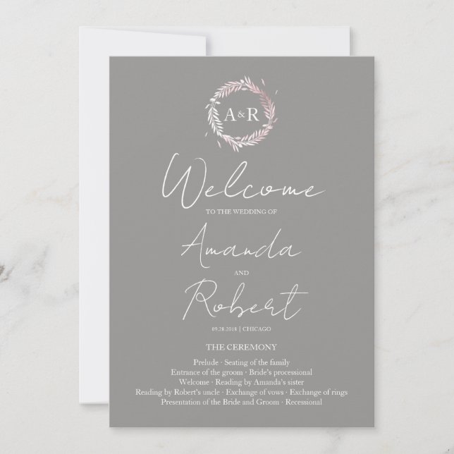 Monogram Gray Wedding Ceremony Program (Front)