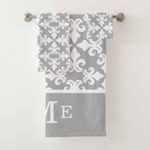 Monogram Gray White Fleur-de-lis   Editable Bath Towel Set
