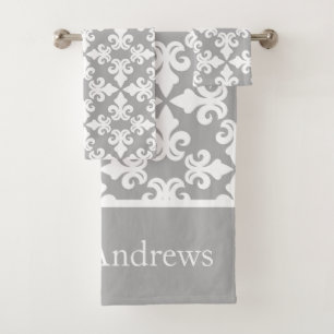 Monogram Gray White Fleur-de-lis Personalized Bath Towel Set