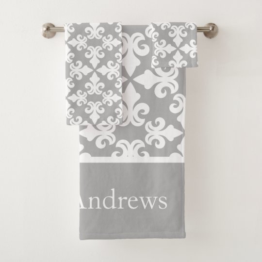 Monogram Gray White Fleurdelis Personalized Bath Towel