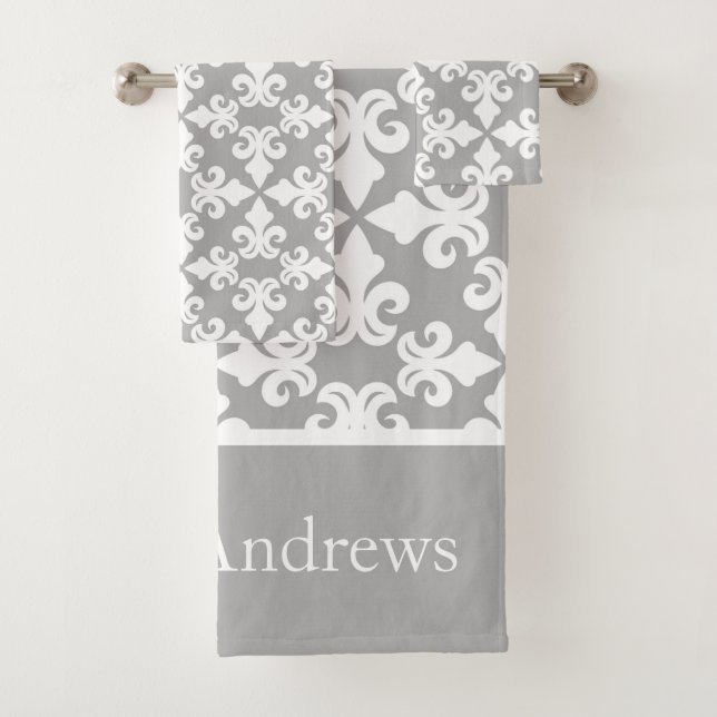 Monogram Gray White Fleur-de-lis Personalized Bath Towel Set (Insitu)