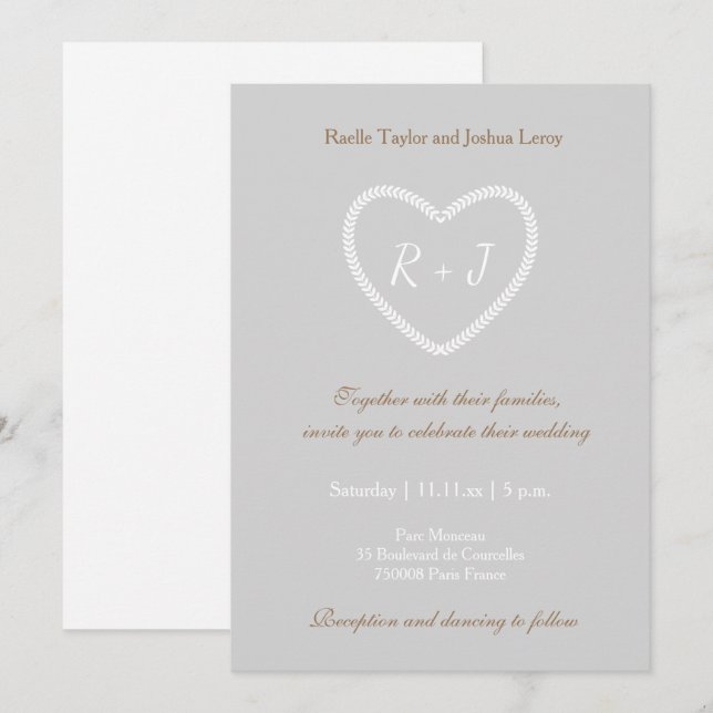 Monogram Gray White Gold Heart Shaped Wedding Invitation (Front/Back)