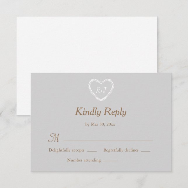 Monogram Gray White Gold Heart Shaped Wedding RSVP Invitation (Front/Back)