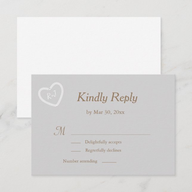 Monogram Gray White Gold Heart Shaped Wedding RSVP Invitation (Front/Back)