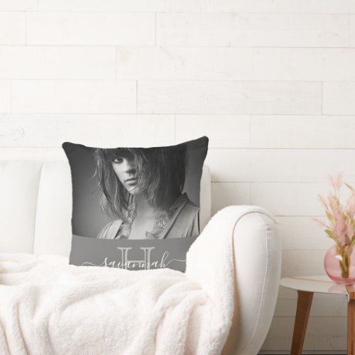 Monogram gray white photo name modern throw pillow